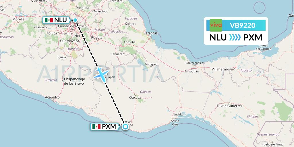 VB9220 VivaAerobus Flight Map: Reyes Acozac to Puerto Escondido
