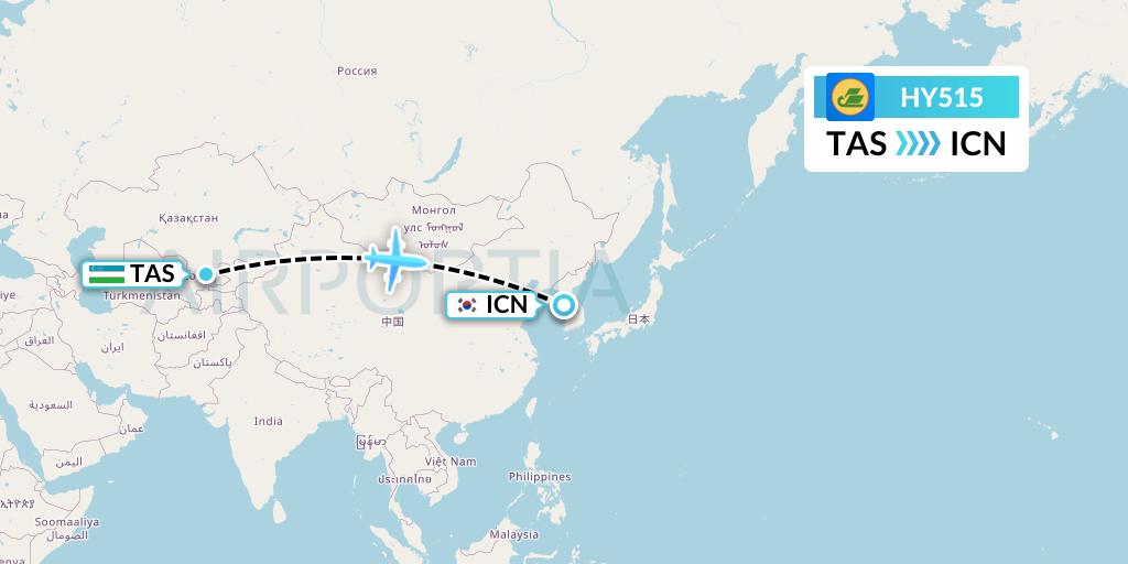 HY515 Uzbekistan Airways Flight Map: Tashkent to Seoul