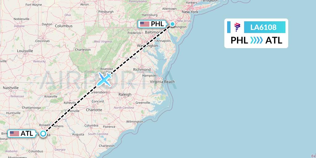 LA6108 LAN Airlines Flight Map: Philadelphia to Atlanta
