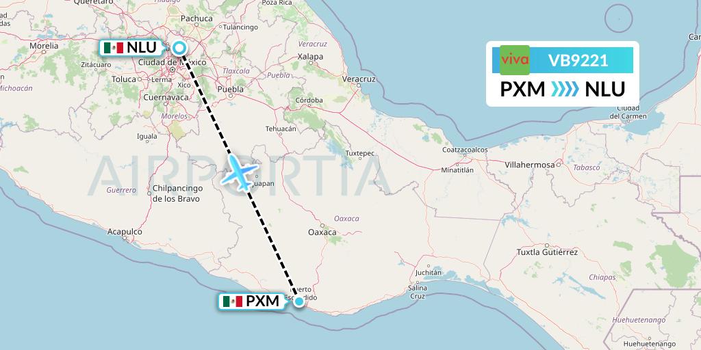 VB9221 VivaAerobus Flight Map: Puerto Escondido to Reyes Acozac