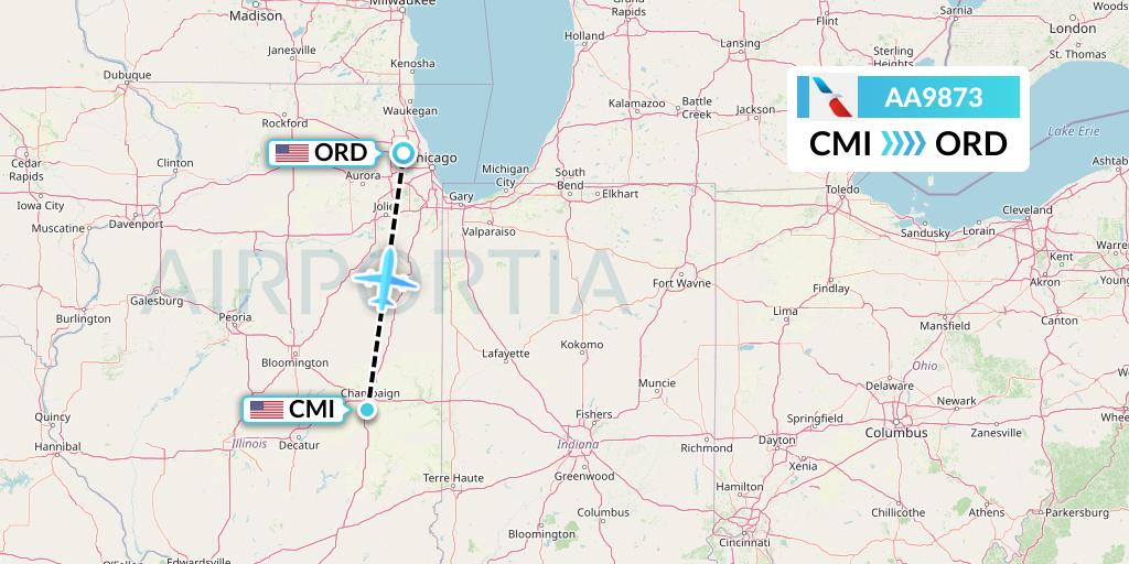 AA9873 American Airlines Flight Map: Champaign to Chicago