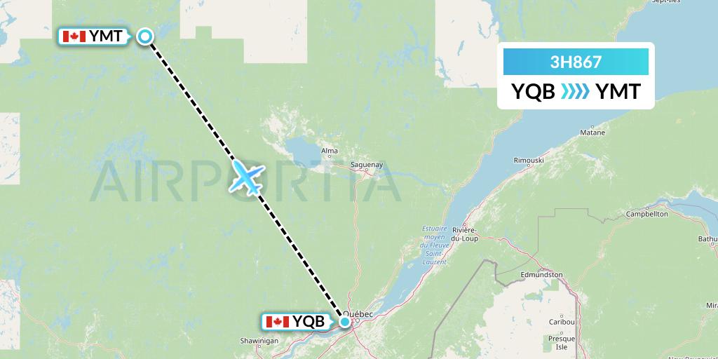 3H867 Air Inuit Flight Map: Quebec to Chibougamau