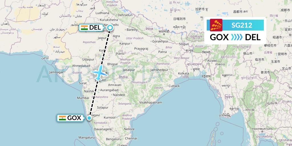 SG212 SpiceJet Flight Map: Goa to Delhi
