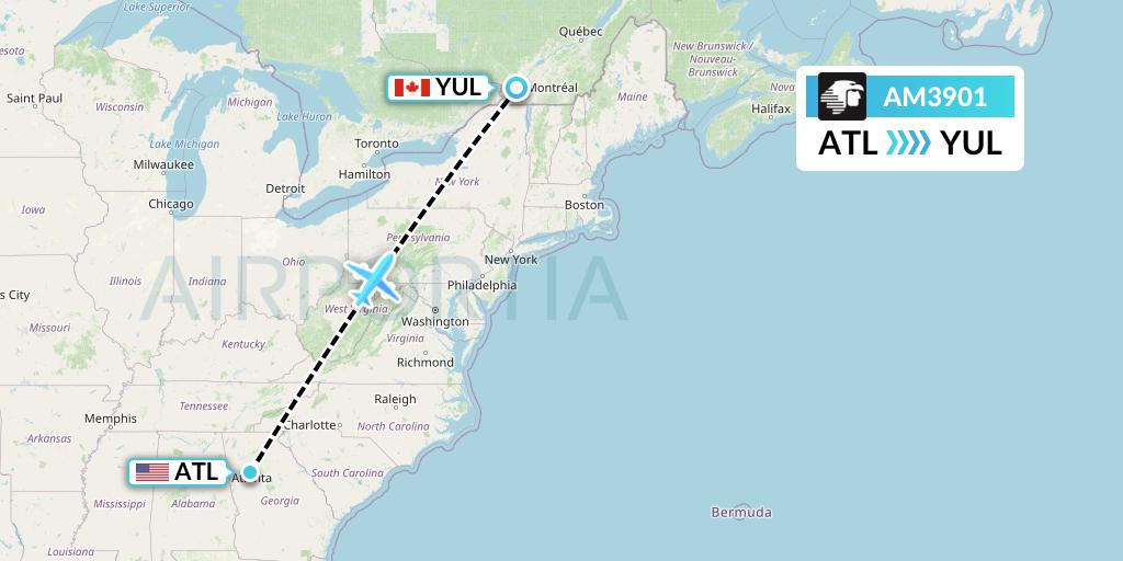 AM3901 Aeromexico Flight Map: Atlanta to Montreal