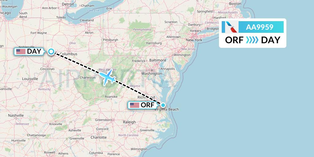 AA9959 American Airlines Flight Map: Norfolk to Dayton