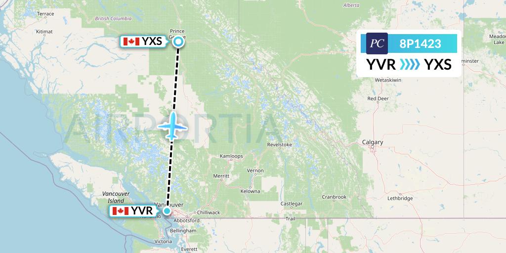 8P1423 Pacific Coastal Airlines Flight Map: Vancouver to Prince George