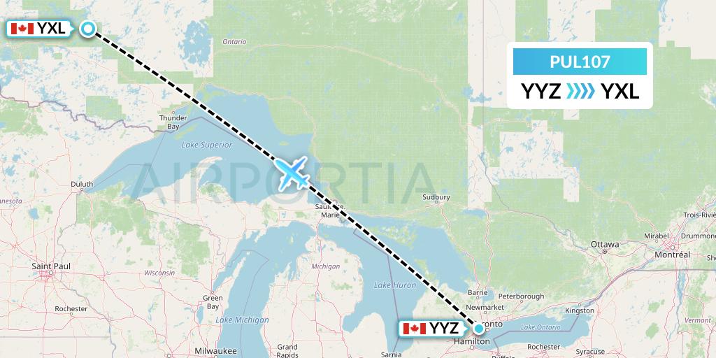 PUL107 Ornge Air Flight Map: Toronto to Sioux Lookout