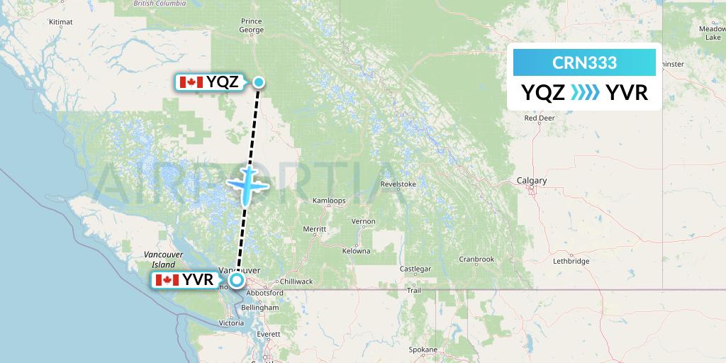 CRN333 Aerocaribbean Flight Map: Quesnel to Vancouver