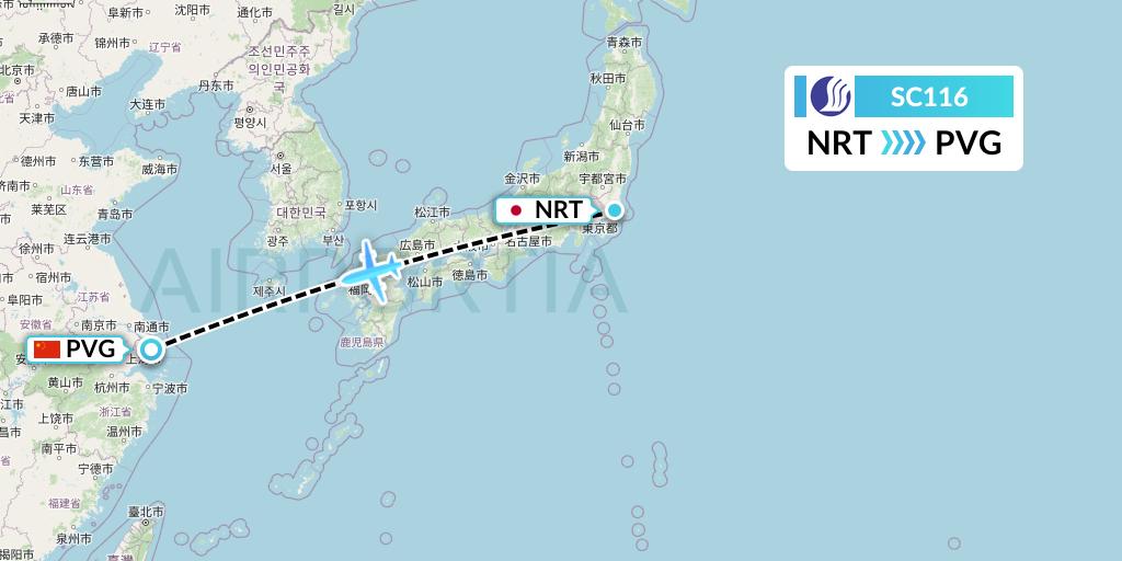 SC116 Shandong Airlines Flight Map: Tokyo to Shanghai