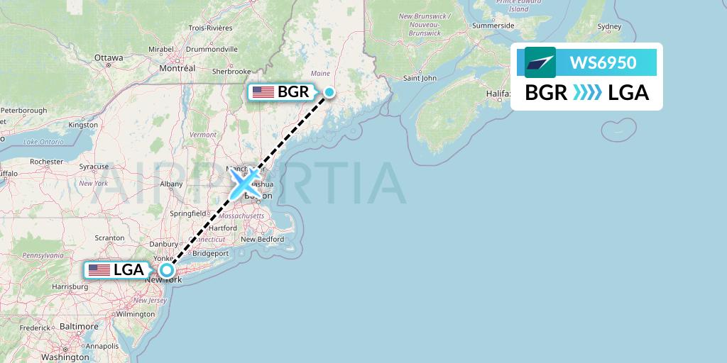 WS6950 WestJet Flight Map: Bangor to New York