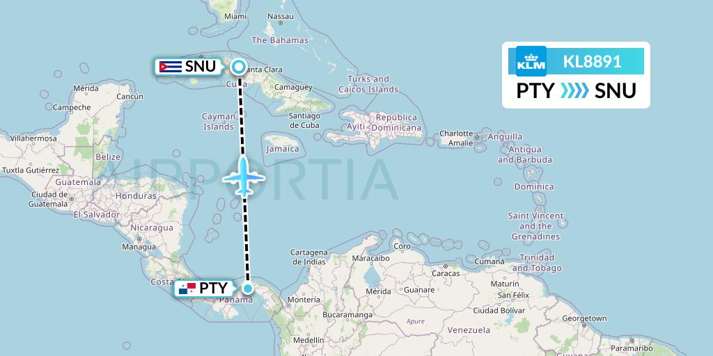 KL8891 KLM Flight Map: Panama City to Santa Clara