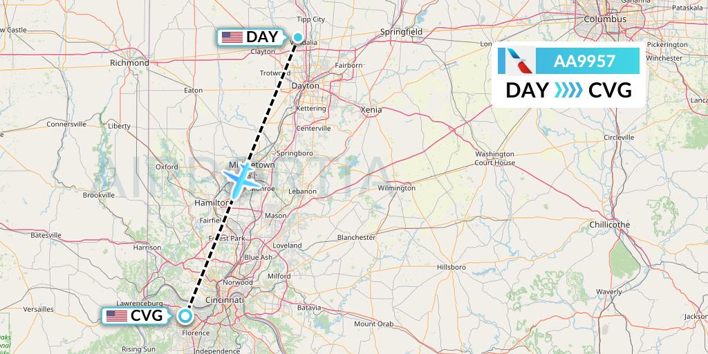 AA9957 American Airlines Flight Map: Dayton to Cincinnati