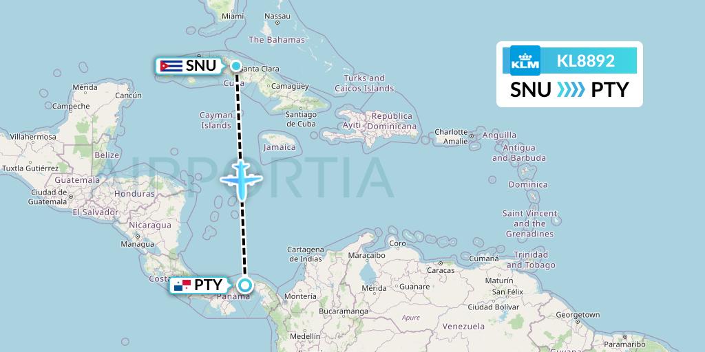 KL8892 KLM Flight Map: Santa Clara to Panama City