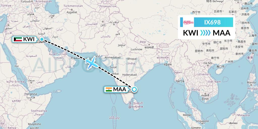 IX698 Air India Express Flight Map: Kuwait City to Chennai