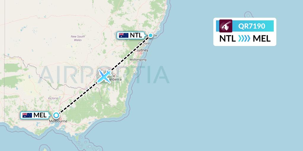 QR7190 Qatar Airways Flight Map: Newcastle to Melbourne