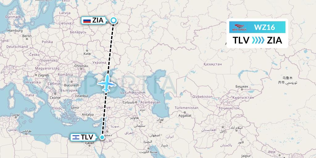 WZ16 Red Wings Flight Map: Tel Aviv to Moscow