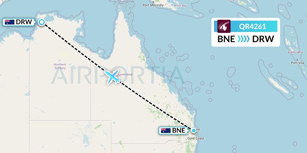 QR4261 Qatar Airways Flight Map: Brisbane to Darwin