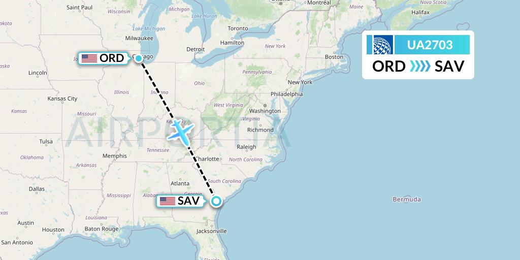 UA2703 United Airlines Flight Map: Chicago to Savannah