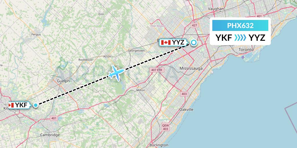 PHX632 SkyCare Flight Map: Waterloo to Toronto