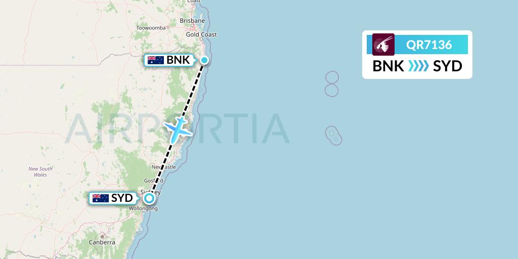 QR7136 Qatar Airways Flight Map: Ballina to Sydney