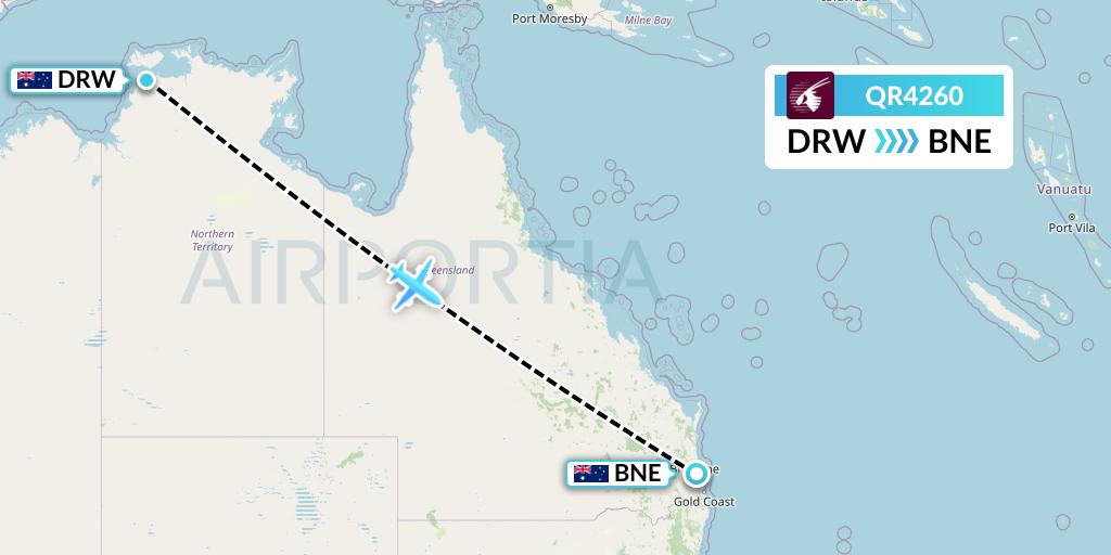 QR4260 Qatar Airways Flight Map: Darwin to Brisbane