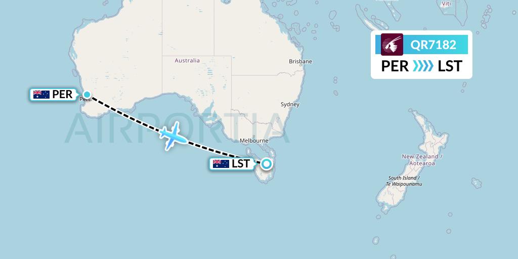 QR7182 Qatar Airways Flight Map: Perth to Launceston