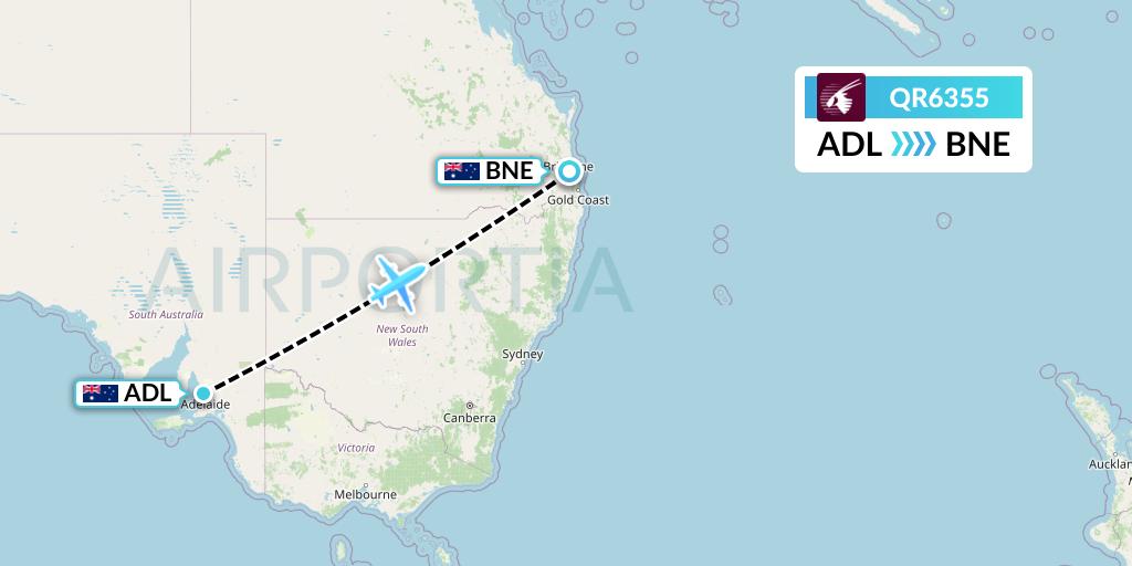 QR6355 Qatar Airways Flight Map: Adelaide to Brisbane