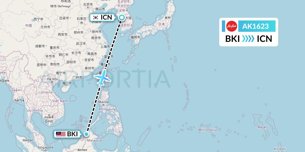 AK1623 AirAsia Flight Map: Kota Kinabalu to Seoul