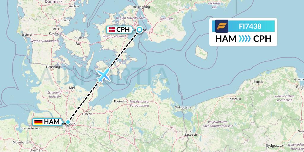 FI7438 Icelandair Flight Map: Hamburg to Copenhagen