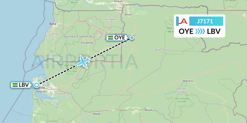 J7171 Afrijet Business Services Flight Map: Oyem to Libreville