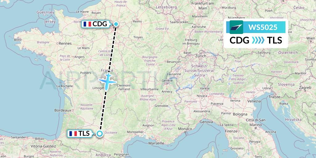 WS5025 WestJet Flight Map: Paris to Toulouse