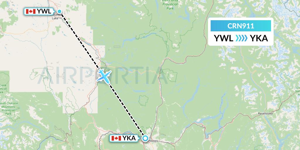 CRN911 Aerocaribbean Flight Map: Williams Lake to Kamloops