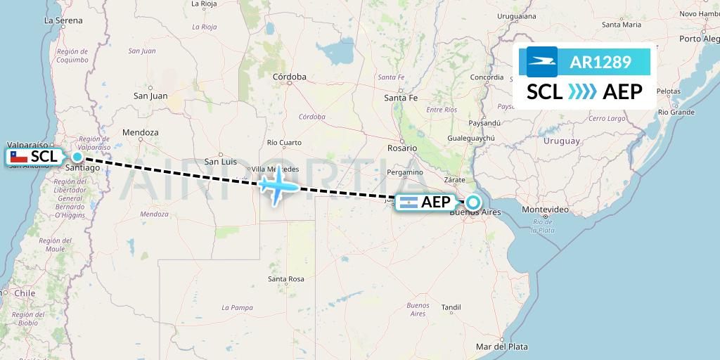 AR1289 Aerolineas Argentinas Flight Map: Santiago to Buenos Aires