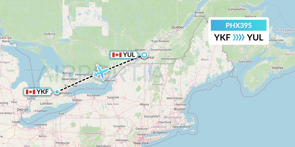 PHX395 SkyCare Flight Map: Waterloo to Montreal
