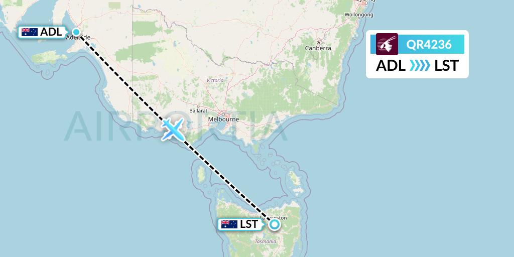QR4236 Qatar Airways Flight Map: Adelaide to Launceston