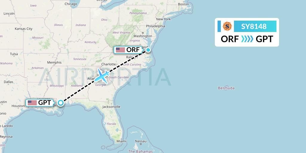 SY8148 Sun Country Airlines Flight Map: Norfolk to Gulfport
