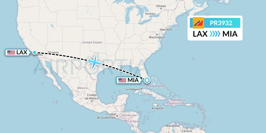 PR3932 Philippine Airlines Flight Map: Los Angeles to Miami