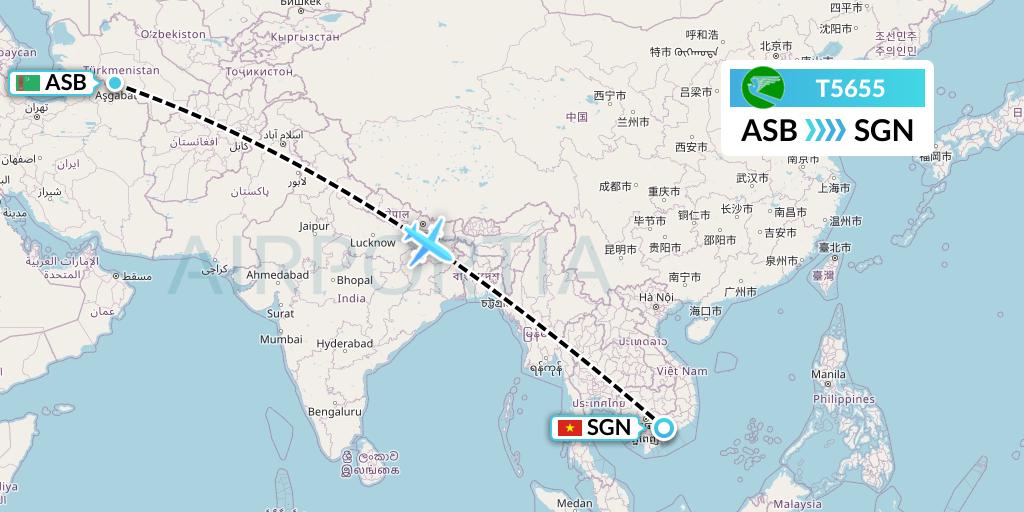 T5655 Turkmenistan Airlines Flight Map: Ashgabat to Ho Chi Minh City