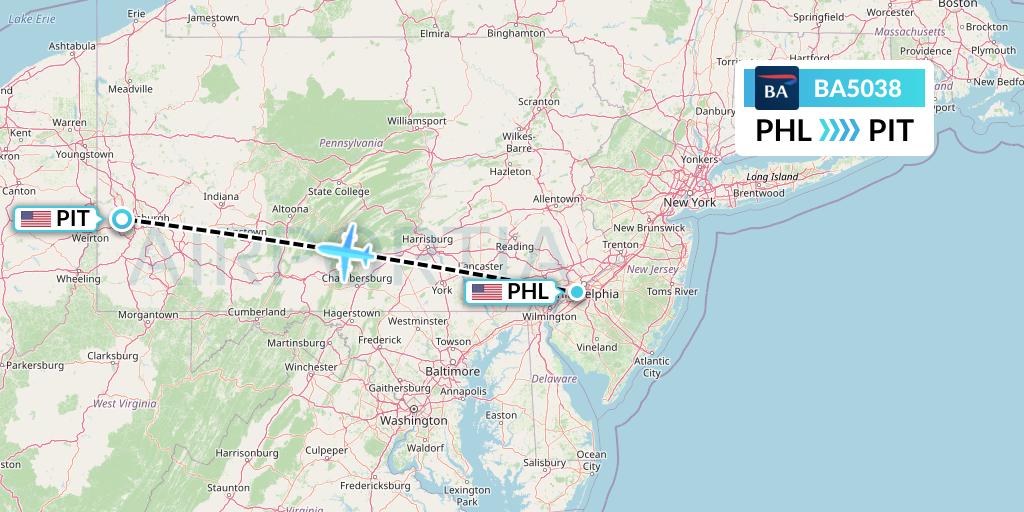 BA5038 British Airways Flight Map: Philadelphia to Pittsburgh