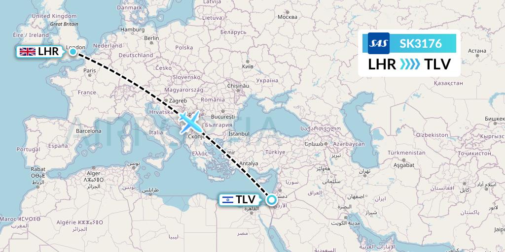 SK3176 SAS Flight Map: London to Tel Aviv