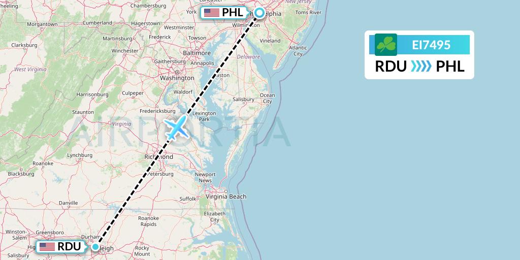 EI7495 Aer Lingus Flight Map: Raleigh-Durham to Philadelphia