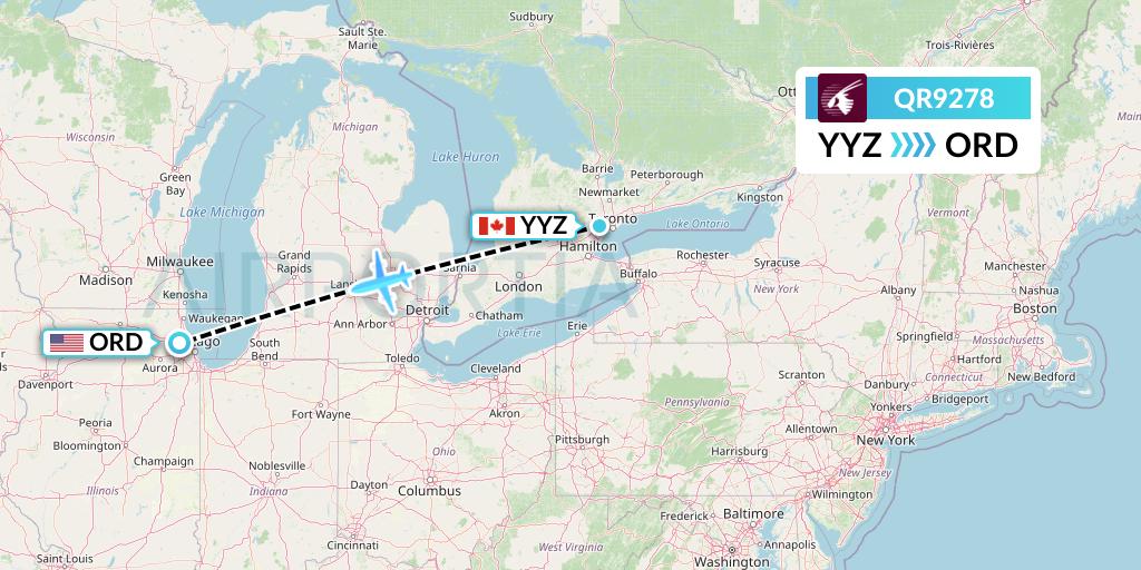 QR9278 Qatar Airways Flight Map: Toronto to Chicago