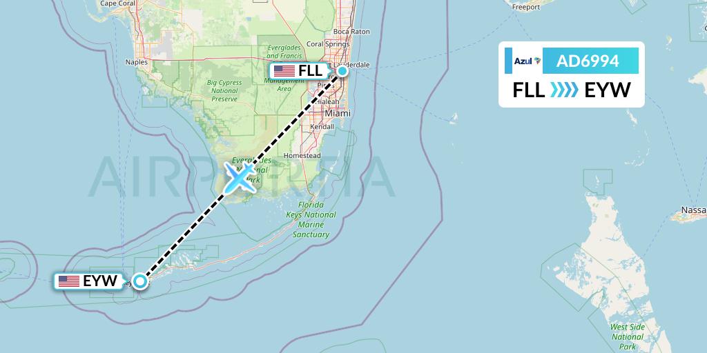 AD6994 Azul Brazilian Airlines Flight Map: Fort Lauderdale to Key West