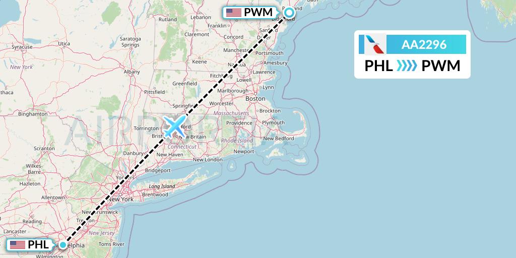 AA2296 American Airlines Flight Map: Philadelphia to Portland