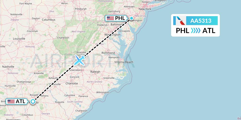 AA5313 American Airlines Flight Map: Philadelphia to Atlanta