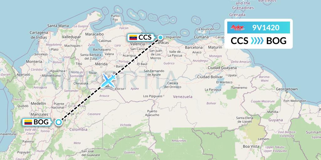 9V1420 Avior Airlines Flight Map: Caracas to Bogota