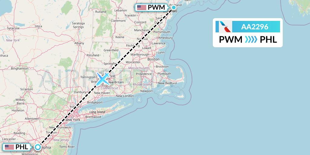 AA2296 American Airlines Flight Map: Portland to Philadelphia