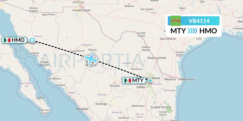 VB4114 VivaAerobus Flight Map: Monterrey to Hermosillo
