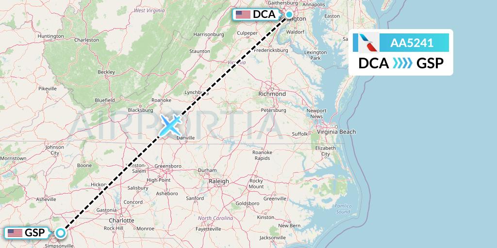 AA5241 American Airlines Flight Map: Washington to Greenville-Spartanburg