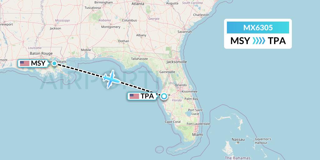 MX6305 Breeze Airways Flight Map: New Orleans to Tampa